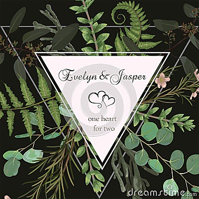 Wedding square floral invitation, invite card. Vector watercolor set green forest fern, herbs, brunia, eucalyptus, branches Vector Illustration