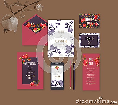 Wedding Stationary with Pomegranate Design, Identity, Branding Templates. Paper Envelope, Menu, Invitation Vector Illustration