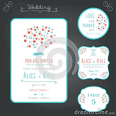 Wedding Stationary Typography Style Set in Turquoise and Coral Vector Illustration