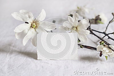 Wedding stationery mock-up scene. Blank greeting business, RSVP paper card on linen tablecloth background with bloomimg Stock Photo