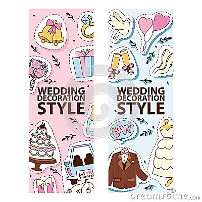 Wedding stickers banners vector illustration. Wedding decoration style. Cakes, outfits for bride and groom, jacket Vector Illustration