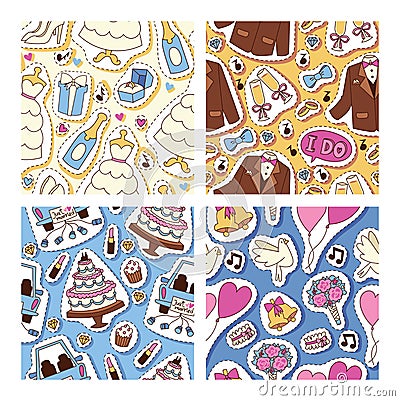 Wedding stickers seamless pattern vector illustration. Wedding patches, cakes, outfits for bride and groom, jacket, bow Vector Illustration