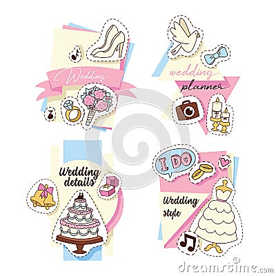 Wedding stickers set of cards vector illustration. Wedding invitations, planner, details, style. Cakes, outfits for Vector Illustration