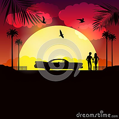 Wedding sunny couple in Cuba near the sea and their car in evening Vector Illustration