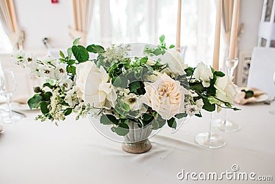 Wedding table decorated by plates, bottle number Stock Photo