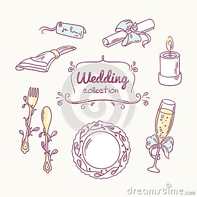 Wedding table decoration in doodle style. Hand drawn celebration clip art. Vector illustration Vector Illustration