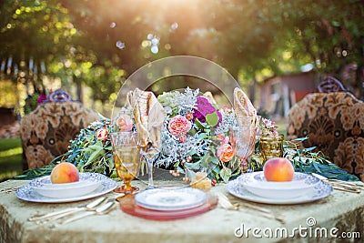 Wedding Table with florals and wine Stock Photo