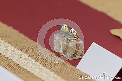 Wedding Table Setting Salt And Pepper Shaker With Place Card Stock Photo