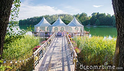 Wedding tables decorated outdoors Stock Photo