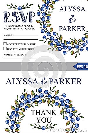 Wedding template set.Watercolor Blueberries wreath Vector Illustration