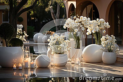 Wedding terrace decor with white flowers, vases and ball Stock Photo