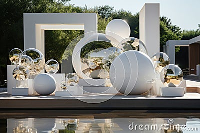 Wedding terrace decor with white flowers, vases and glass ball Stock Photo