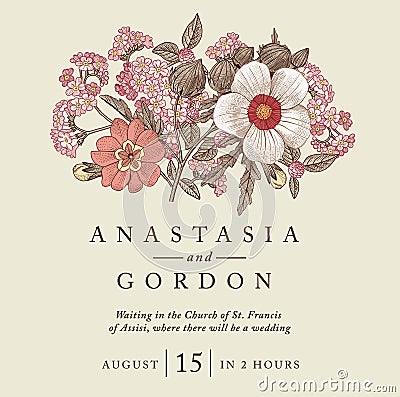 Wedding thanks invitation. Beautiful realistic flowers heliotrope card. Frame, label. Vector engraving victorian Illustration. Vector Illustration