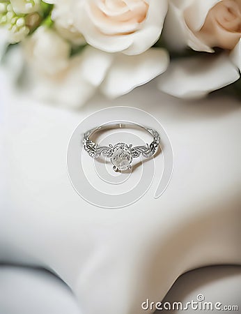 Wedding Theme, Engagement invitation or announcement card with delicate white gold casted diamond ring on white jewelry display Stock Photo