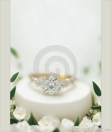 Wedding Theme, Engagement invitation or announcement card with diamond ring and white flowers, created with AI Stock Photo