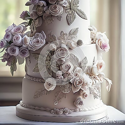 Wedding Theme, Finely detailed multi-tiered intricate wedding cake, detailed pink, purple and beige rose motif with silver flowers Stock Photo