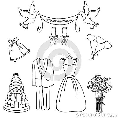 Wedding theme pattern. Cute and detailed set. Wedding dress, bouquet, cake Stock Photo