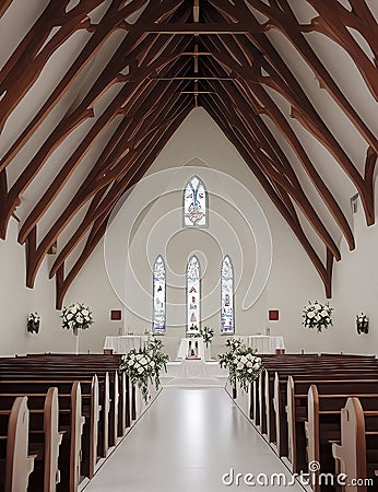 Wedding Theme, Wide angle picture of empty church with arched ceiling with wooden beams, stained glass windows Stock Photo
