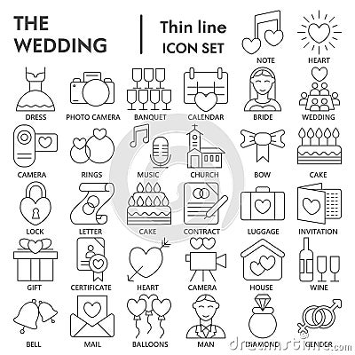 Wedding thin line SIGNED icon set, love symbols collection, vector sketches, logo illustrations, marriage signs linear Vector Illustration