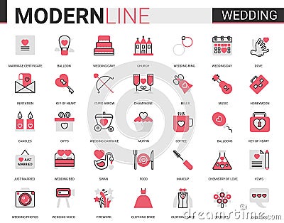 Wedding thin red black flat line icon vector illustration set for wedding ceremony and bridal party organization, linear Vector Illustration