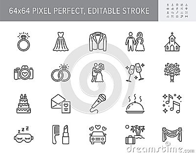 Wedding timeline line icons. Vector illustration include icon - bouquet, ring, bouquet, tuxedo, groom, bridal Vector Illustration