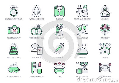 Wedding timeline line icons. Vector illustration include icon - bouquet, ring, bouquet, tuxedo, groom, bridal Vector Illustration