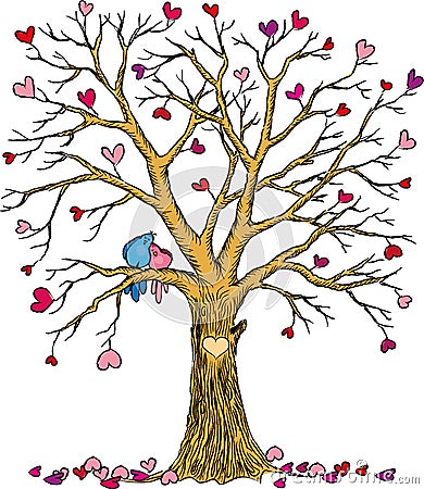 Wedding tree with hearts and birds couple Vector Illustration