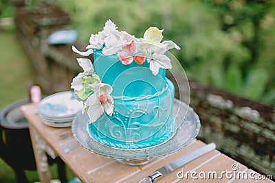 Wedding turquoise cake with flowers and gifts. Wedding banquet Stock Photo