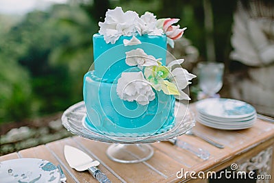 Wedding turquoise cake with sugar flowers. Wedding catering Stock Photo