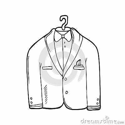 Wedding tuxedo doodle icon. Jacket with bow tie. Mens formal wear. Menswear. Men s suit on mannequin. Atelier. Isolated vector Stock Photo