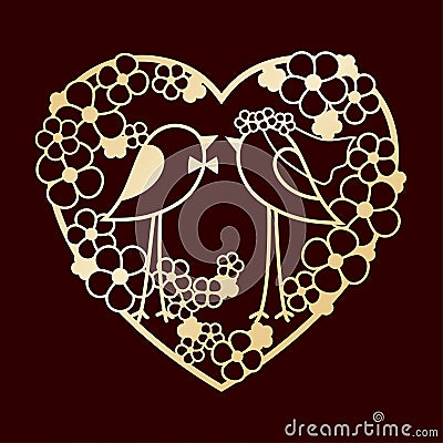Wedding of two birds among the flowers. Openwork heart wreath of flowers. Laser cutting or foiling template. Vector Illustration