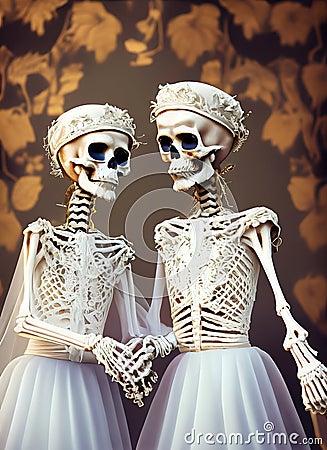 Wedding of two female skeletons dressed in gauze skirt on an autumnal background. Stock Photo