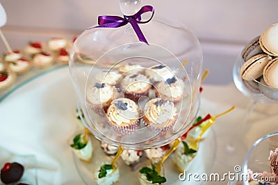 Wedding variety dessert cakes, sweet muffins with tasty buffet color decorated with whipped violet cream under the transparent cov Stock Photo