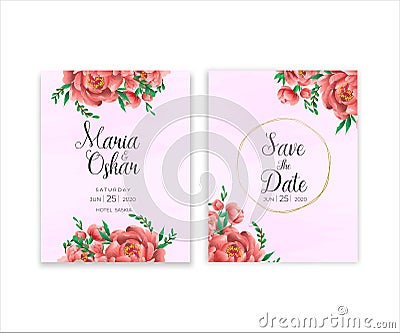Wedding vector floral invite invitation card watercolor design set: garden flower pink peach Rose white Anemone green leaves elega Vector Illustration