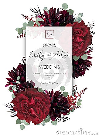 Wedding vector Floral invite, invitation save the date card design. Red vine rose flower, burgundy dahlia, eucalyptus greenery br Vector Illustration