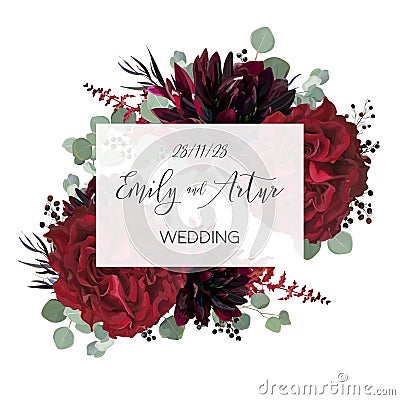 Wedding vector Floral invite, invitation save the date card vector design: garden marsala red rose flower, burgundy wine Vector Illustration