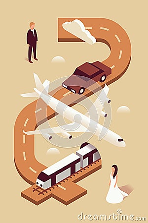 Wedding, vector isometric illustration, 3d icon set, brown background, invitation: man, car, plane, train, woman, road Vector Illustration