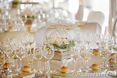 Wedding venue with formal table settings Stock Photo