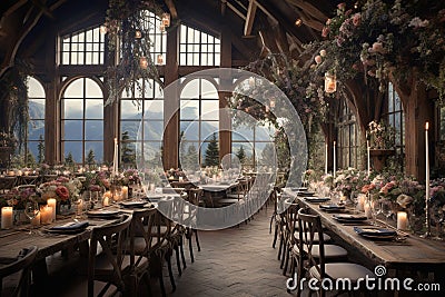 Wedding venue in mountain lodge with amazing view Stock Photo