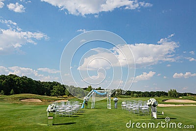 Wedding Venues on green lawn before a wedding ceremony in summer. Stock Photo