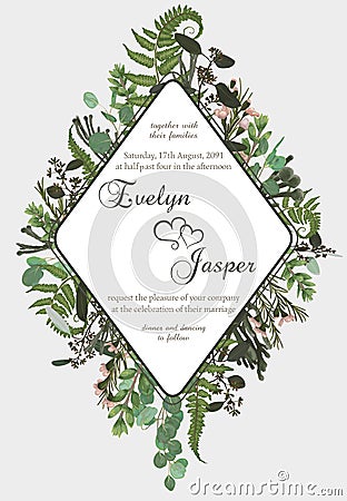 Wedding vertical floral invitation, invite card. Vector watercolor set green forest fern, herbs, brunia, eucalyptus, branches Vector Illustration