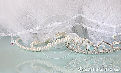 Wedding vintage crown of bride, pearls and veil. wedding concept Stock Photo