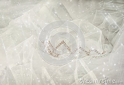 Wedding vintage crown of bride and veil with glitter overlay. wedding concept Stock Photo