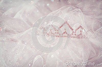 Wedding vintage crown of bride and veil with glitter overlay. wedding concept Stock Photo