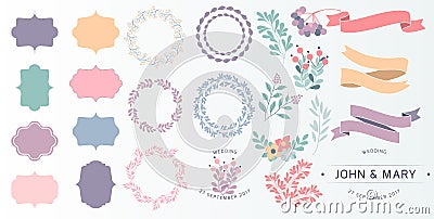 Wedding vintage elements big collection. Romantic hand drawn vector floral set with frames, flowers, leaves and ribbons Vector Illustration