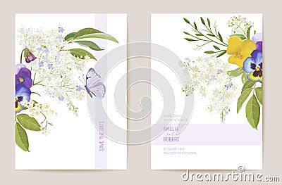 Wedding violet pansy floral Save the Date set. Vector spring flower boho invitation card. Watercolor template frame Vector Illustration