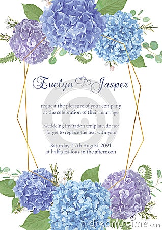 Wedding, watercolor flower card.Leaves, blooming branches eucalyptus, gaultheria, salal, chamaelaucium, seasonal fern.Blue, purple Vector Illustration