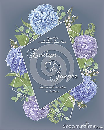 Wedding, watercolor flower card.Leaves, blooming branches eucalyptus, gaultheria, salal, chamaelaucium, seasonal fern.Blue, purple Vector Illustration