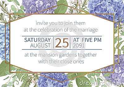 Wedding, watercolor flower card.Leaves, blooming branches eucalyptus, gaultheria, salal, chamaelaucium, seasonal fern.Blue, purple Vector Illustration