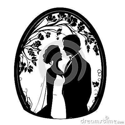 Wedding, young couple of lovers, just married black vector stencil template. Vector Illustration